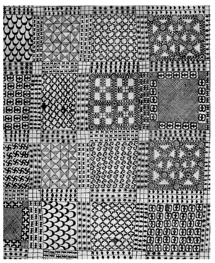 Une étoffe adinkra de deuil rapportée de Kumasi en 1817, couverte de motifs imprimés : la culture matérielle du peuple asante.