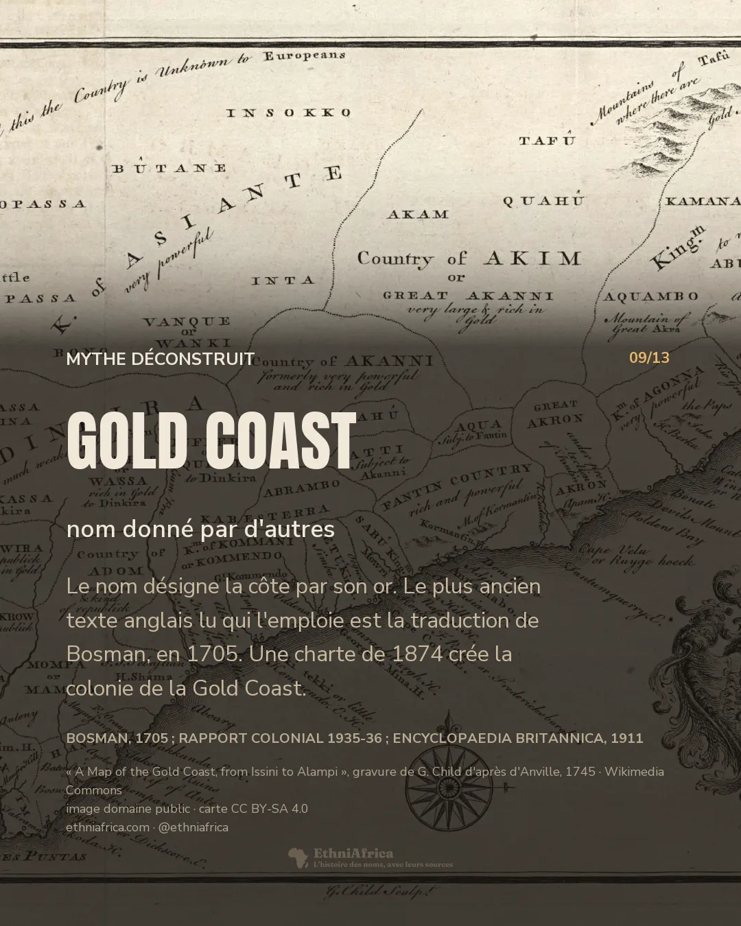 Carte gravée de la Côte de l'Or, d'Issini à Alampi, où les royaumes et pays de l'intérieur (Asiante, Akim, Akanni, Aquambo) sont nommés, avec une cartouche ornée en bas à droite.