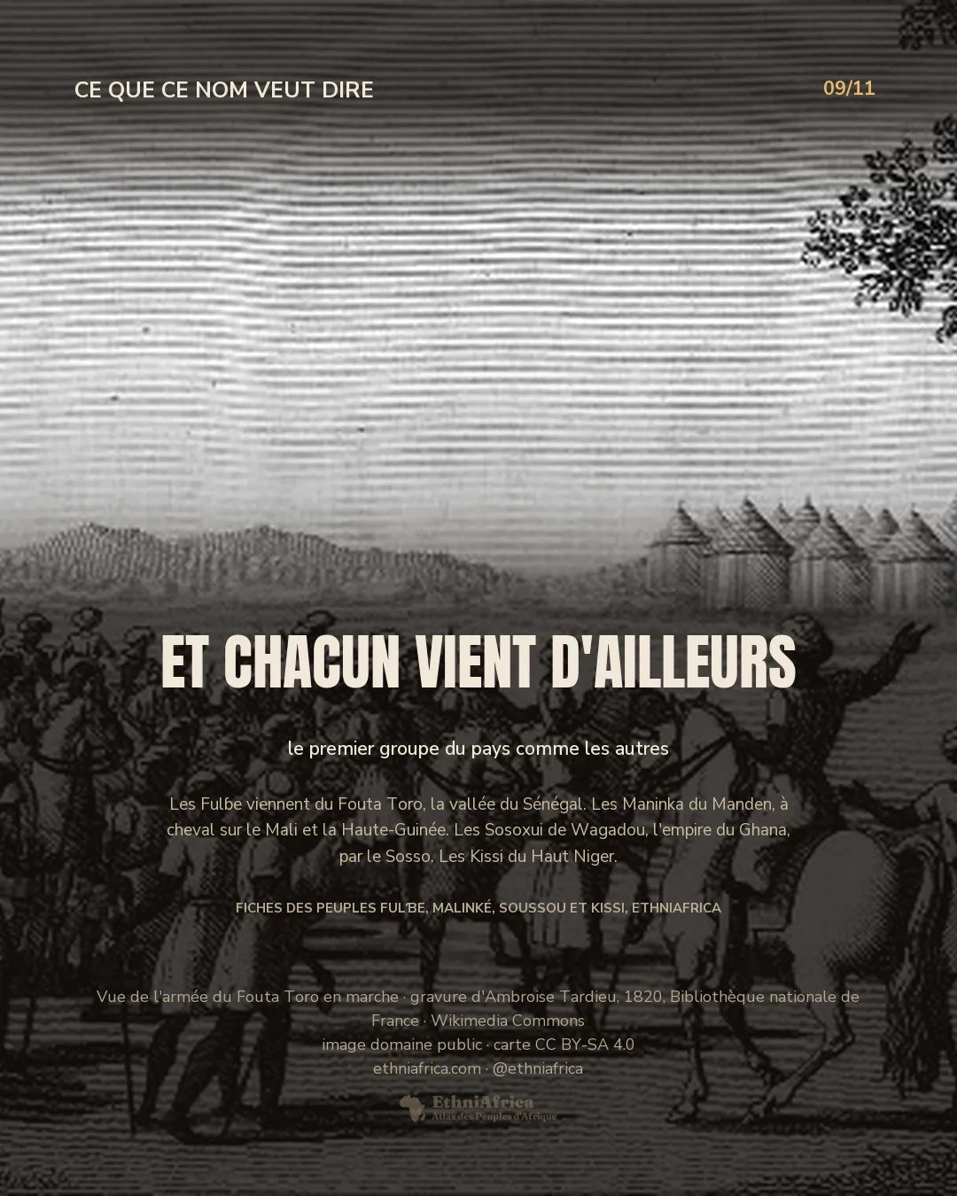 Gravure ancienne : une colonne de cavaliers et de fantassins traverse le premier plan ; à droite, un homme à cheval lève le bras devant deux personnes à pied ; au fond, un alignement de cases coniques et des collines.