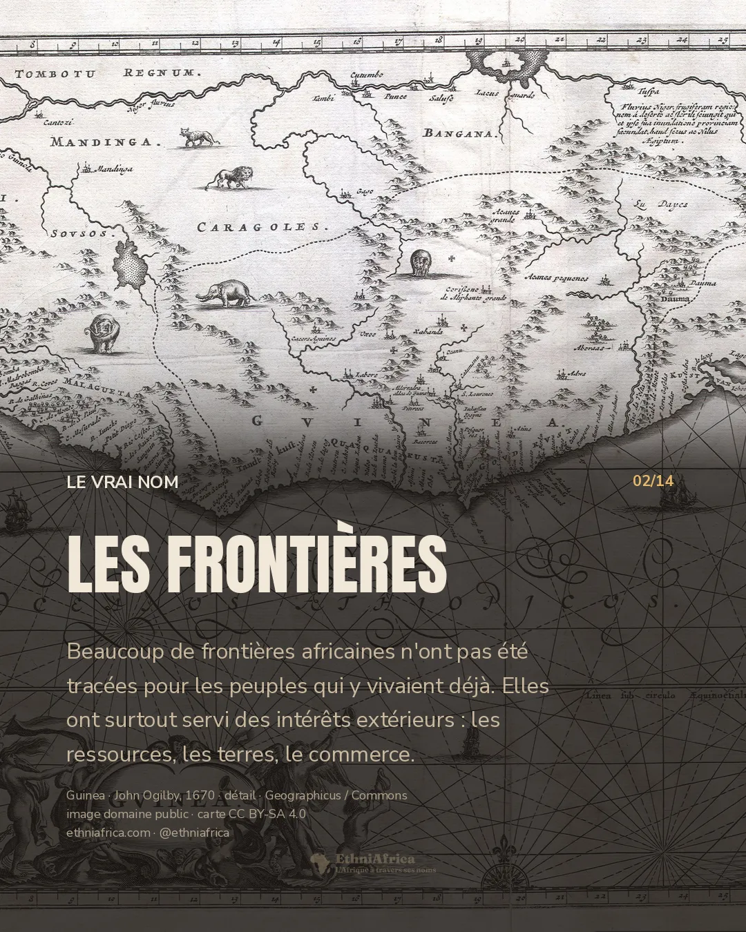carte gravée ancienne de la côte de Guinée en Afrique de l'Ouest, avec des noms de royaumes, des vaisseaux et des animaux dessinés
